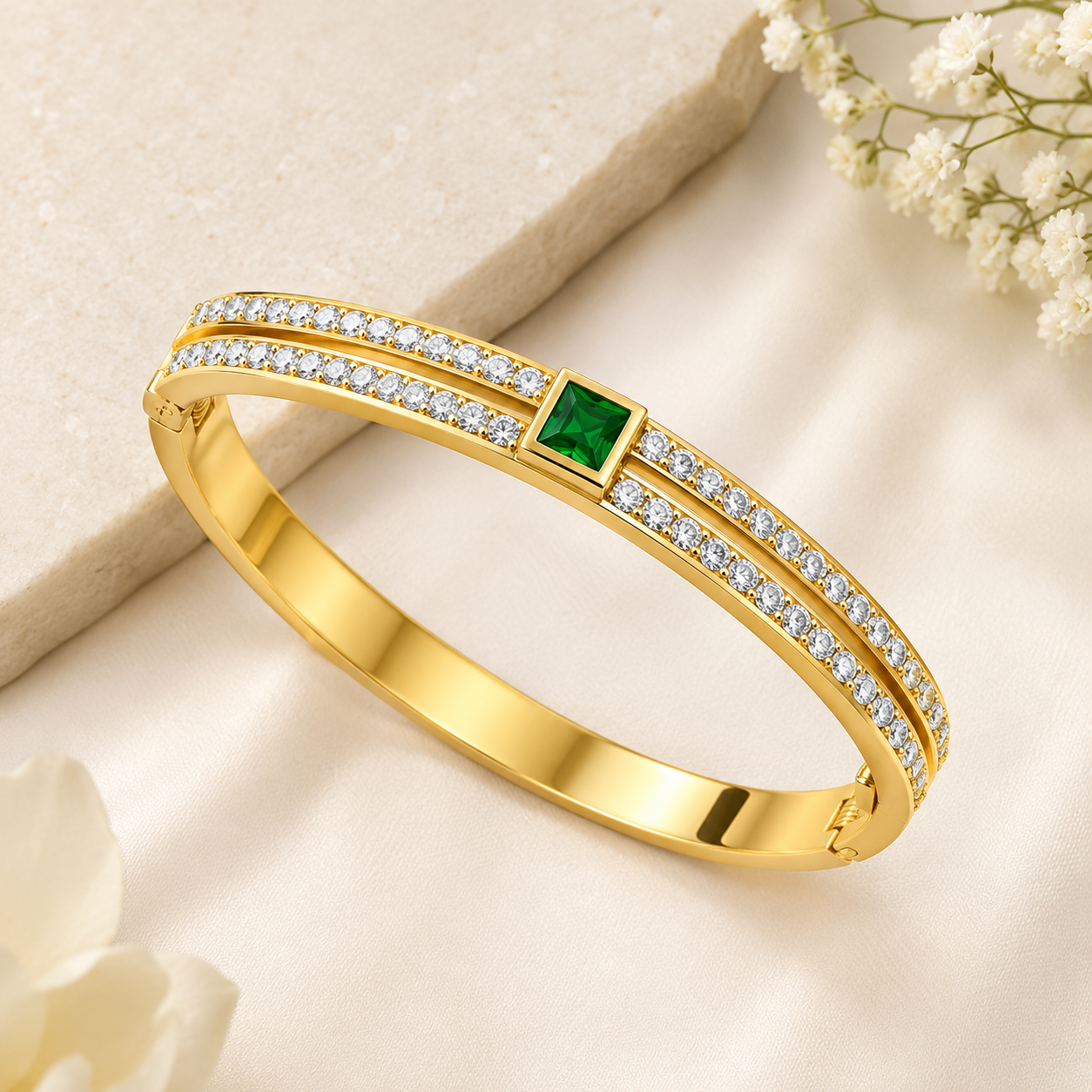 Iniya Jewels Waterproof 18K Gold-Plated Demi-Fine Green Stone & White Cubic Zirconia Studded Anti Tarnish Bracelet | High Grade Stainless Steel Gold Bracelet for daily use and Office wear | Gold